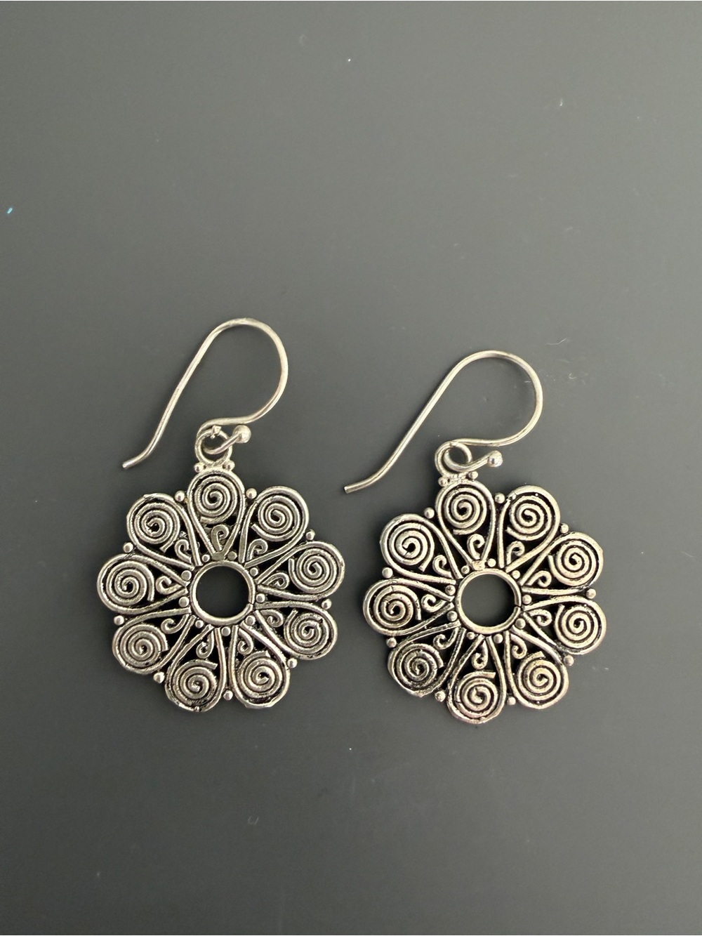 Sterling Silver 925 Spiral Filigree Flower Dangle Earrings